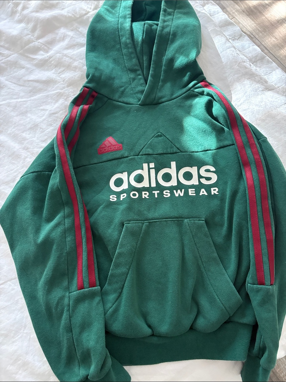Adidas boys small Green Hoodie with burgundy Stripe sleeves
